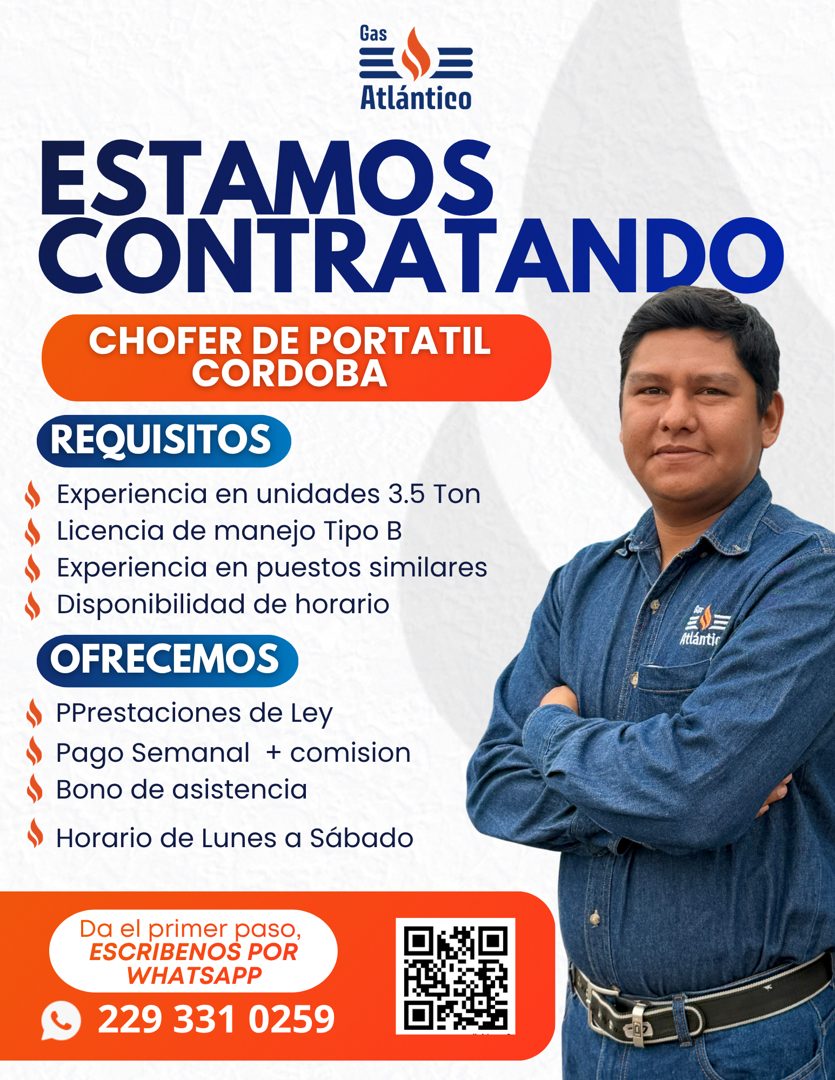 Banner del anuncio de la vacante: Gas · Atlántico · ESTAMOS · CONTRATANDO · CHOFER DE PORTATIL · CORDOBA · REQUISITOS · Experiencia en unidades 3.5 Ton · Licencia de manejo T