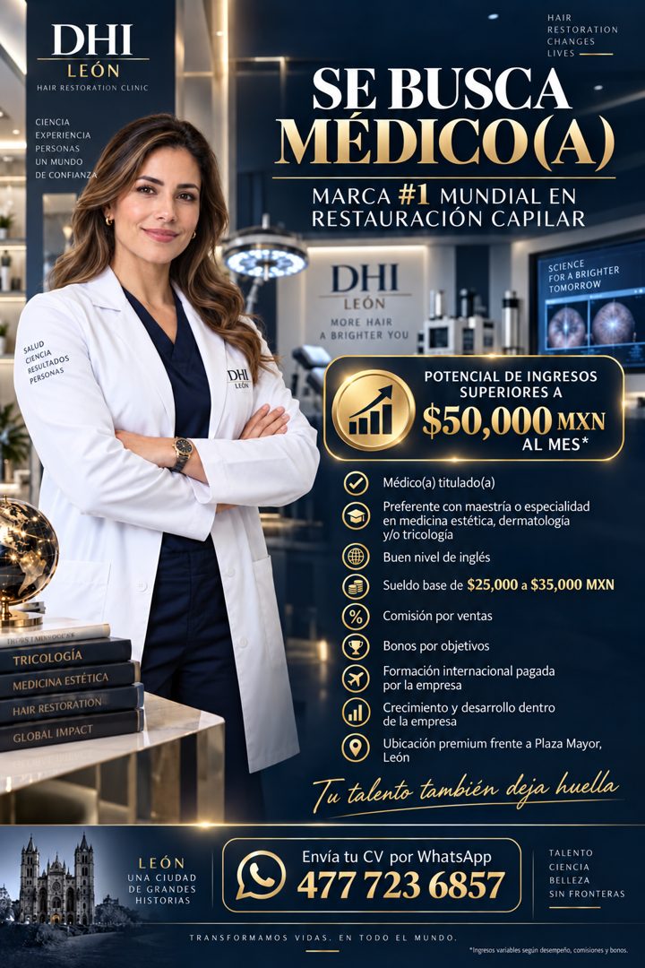 Banner del anuncio de la vacante: DHI · LEÓN · HAIR RESTORATION CLINIC · CIENCIA · EXPERIENCIA · PERSONAS · UN MUNDO · DE CONFIANZA · HAIR · RESTORATION · CHANGES · LIVES · S