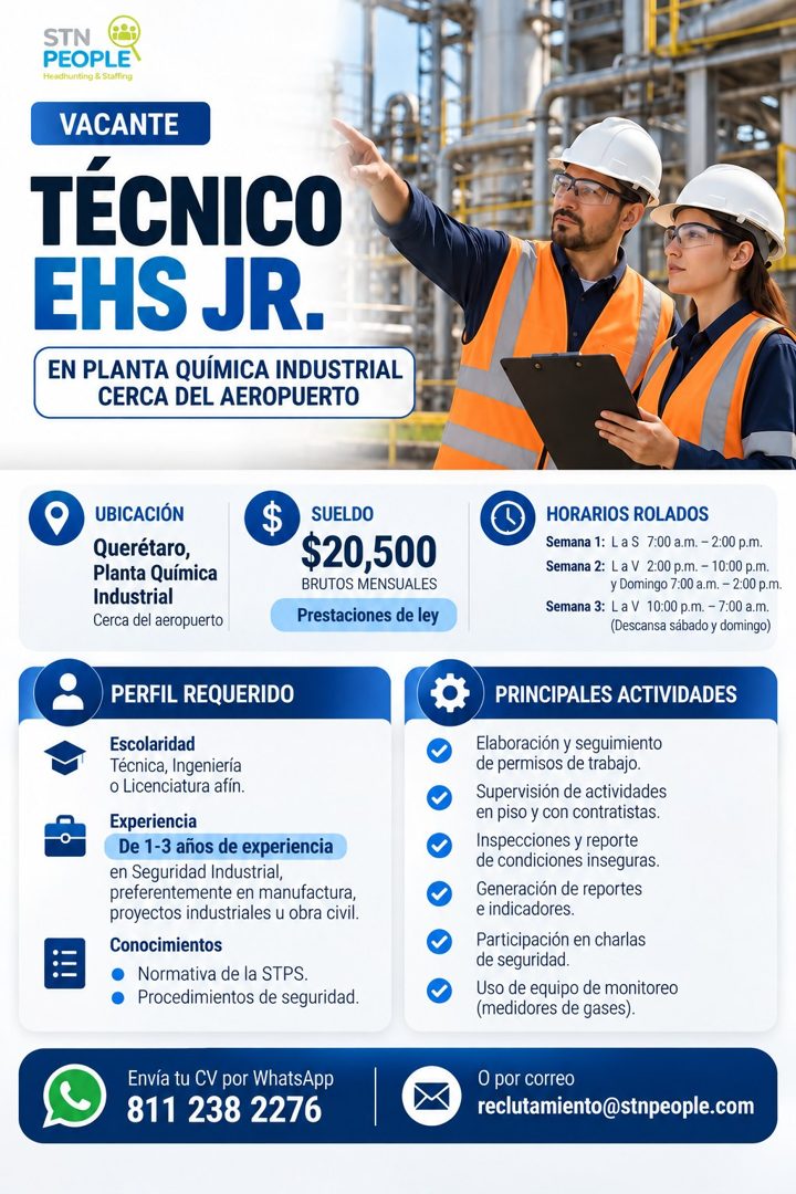 Banner del anuncio de la vacante: STN · PEOPLE · Headhunting & Staffing · VACANTE · TÉCNICO · EHS JR. · EN PLANTA QUÍMICA INDUSTRIAL · CERCA DEL AEROPUERTO · UBICACIÓN · Quer