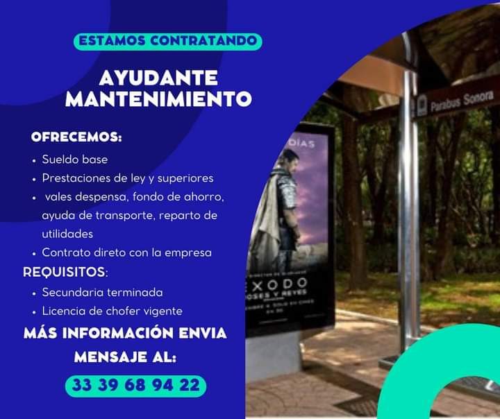 Banner del anuncio de la vacante: ESTAMOS CONTRATANDO · AYUDANTE · MANTENIMIENTO · OFRECEMOS: · • Sueldo base · • Prestaciones de ley y superiores · • vales despensa, fondo d