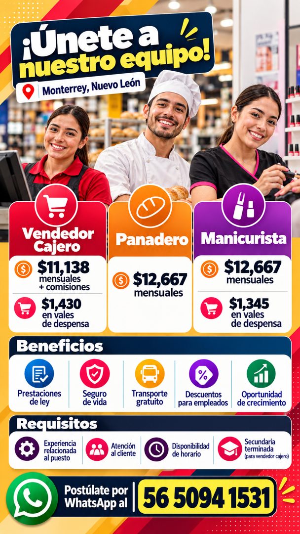 Banner del anuncio de la vacante: Únete a · nuestro equipo! · Monterrey, Nuevo León · Vendedor · Cajero · $11,138 · mensuales · + comisiones · 51,430 · en vales · de despensa