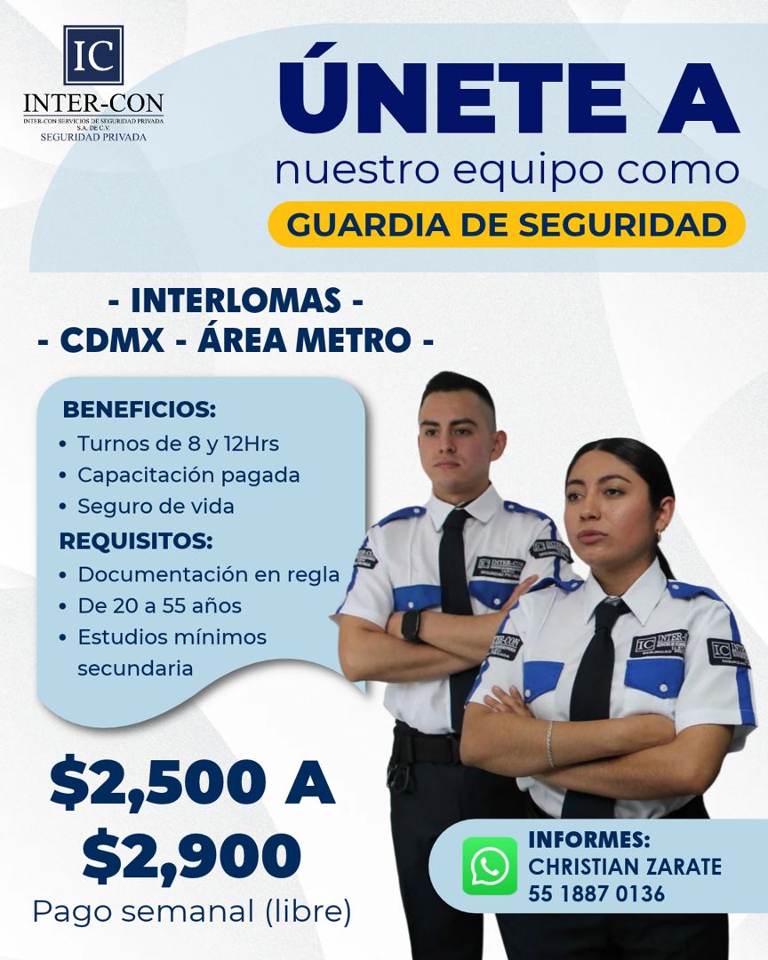 Banner del anuncio de la vacante: IC · INTER-CON · INTER-CON SERVICIOS DE SEGURIDAD PRIVADA · S.A. DE C.M · SEGURIDAD PRIVADA · ÚNETE A · nuestro equipo como · GUARDIA DE SEG