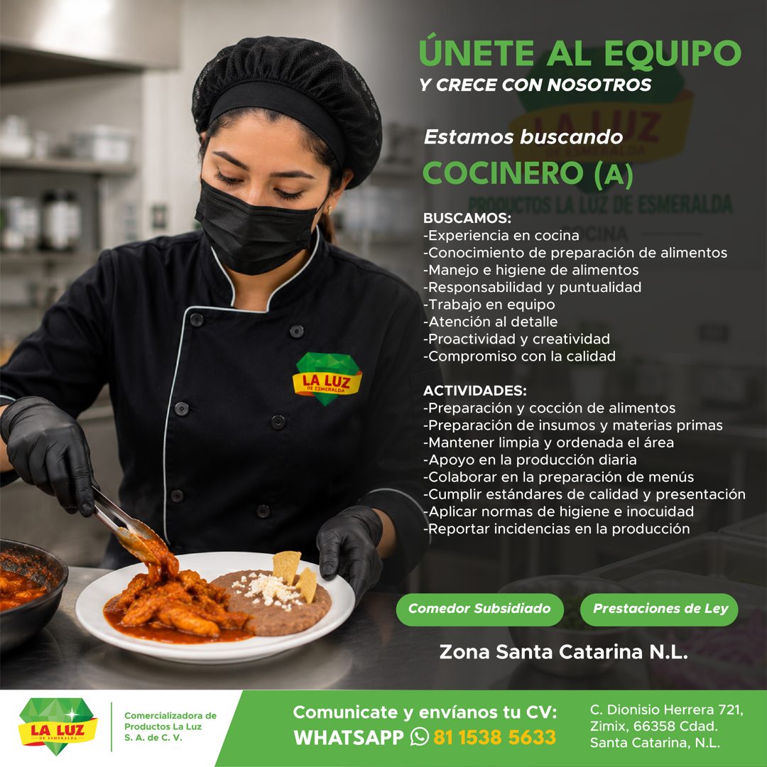 Banner del anuncio de la vacante: ÚNETE AL EQUIPO · Y CRECE CON NOSOTROS · LA LUZ · DE ESMERALDA · Estamos buscando · COCINERO (A) · OS LA LUZ DE · ESMERALDA · BUSCAMOS: · -E