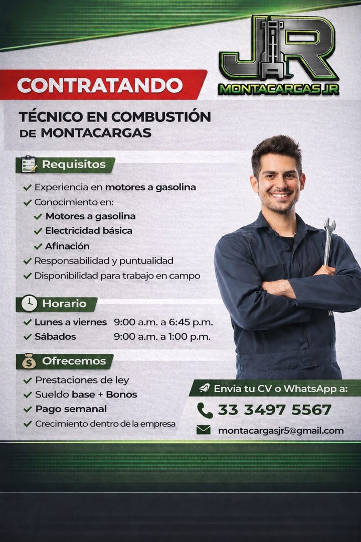 Banner del anuncio de la vacante: CONTRATANDO · TÉCNICO EN COMBUSTIÓN · DE MONTACARGAS · Requisitos · v Experiencia en motores a gasolina · Conocimiento en: · v Motores a gas