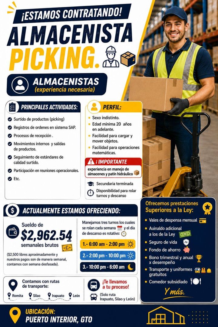 Banner del anuncio de la vacante: ¡ESTAMOS CONTRATANDO! · ALMACENISTA · PICKING. · ALMACENISTAS · (experiencia necesaria) · PRINCIPALES ACTIVIDADES: · PERFIL: · Surtido de pr