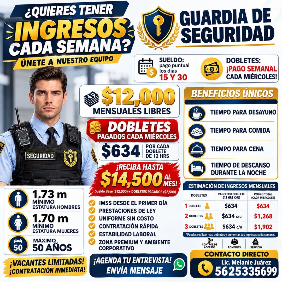 Banner del anuncio de la vacante: ¿QUIERES TENER · INGRESOS* · CADA SEMANA? · ÚNETE A NUESTRO EQUIPO · GUARDIA DE · SEGURIDAD · SEGURIDAD · 1.73 m · MINIMO · ESTATURA HOMBRES