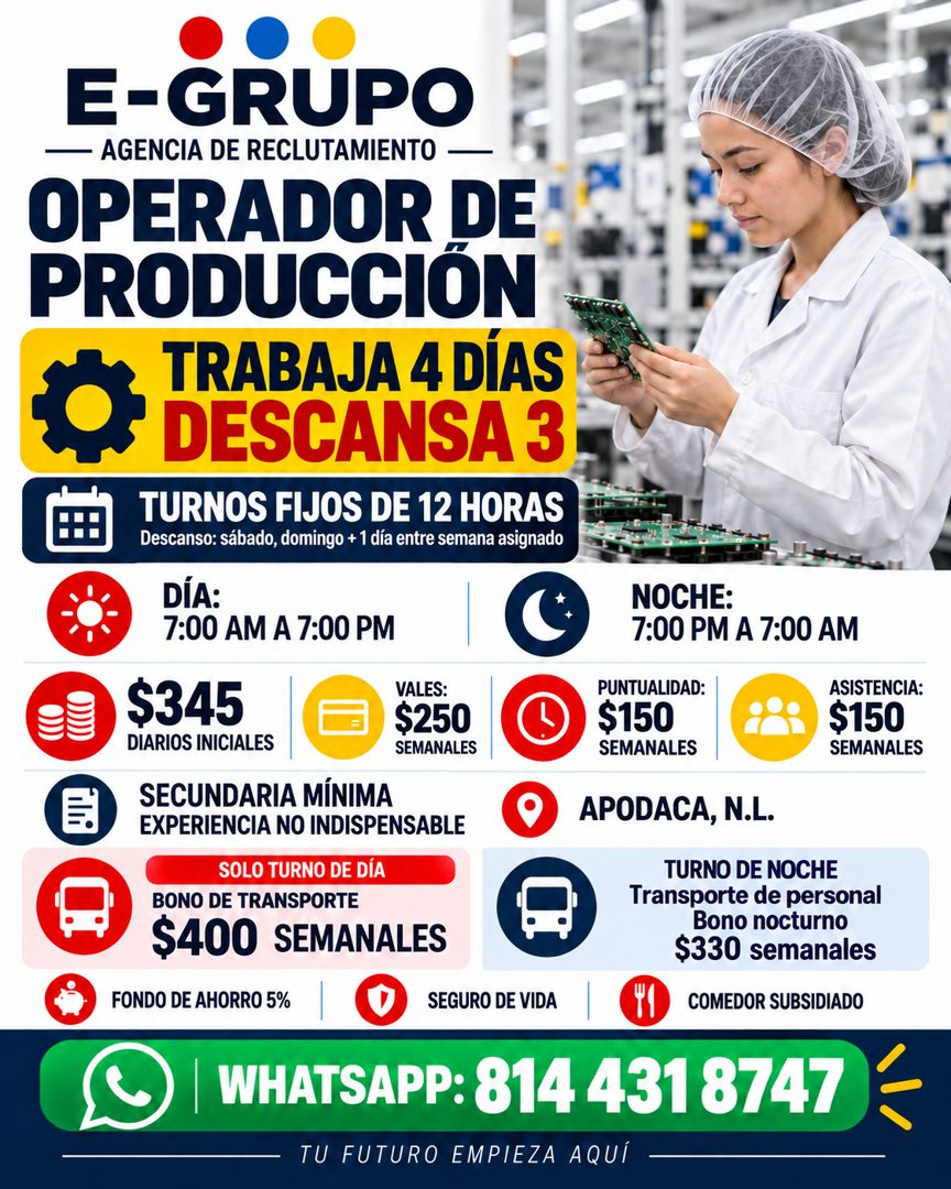 Banner del anuncio de la vacante: E-GRUPO · AGENCIA DE RECLUTAMIENTO · OPERADOR DE · PRODUCCIÓN · TRABAJA 4 DÍAS · DESCANSA 3 · TURNOS FIJOS DE 12 HORAS · Descanso: sábado, d