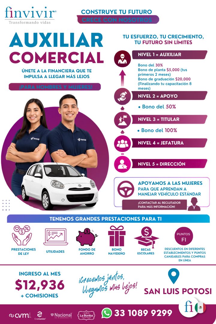 Banner del anuncio de la vacante: finvivir · Transformando vidas · CONSTRUYE TU FUTURO · CRECE CON NOSOTROS · AUXILIAR · COMERCIAL · ÚNETE A LA FINANCIERA QUE TE · IMPULSA A 