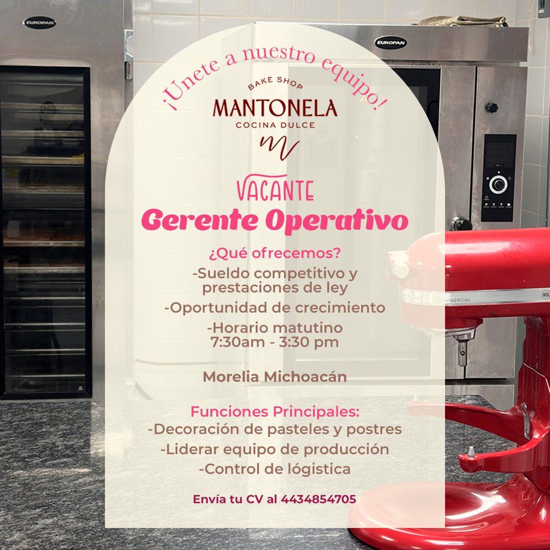 Banner del anuncio de la vacante: EUROPAN · EUROPAN · BAKE SHOS · MANTONELA · COCINA DULCE · VACANTE · Gerente Operativo · ¿Qué ofrecemos? · -Sueldo competitivo y · prestacio