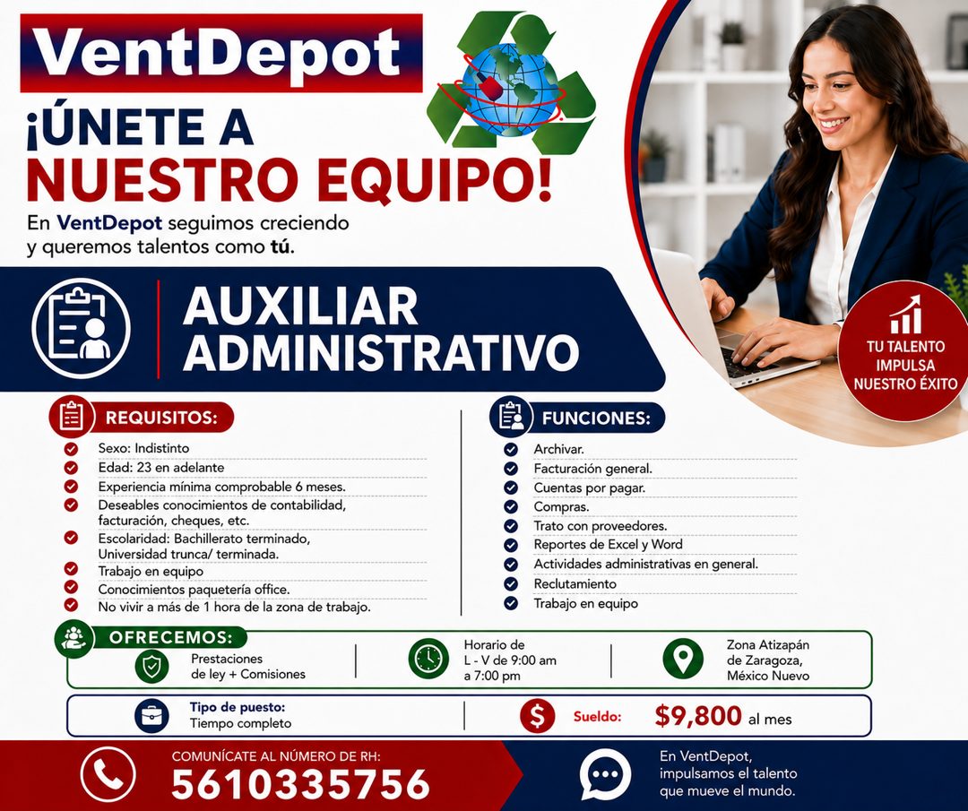 Banner del anuncio de la vacante: VentDepot · ¡ÚNETE A · NUESTRO EQUIPO! · En VentDepot seguimos creciendo · y queremos talentos como tú. · AUXILIAR · ADMINISTRATIVO · REQUIS