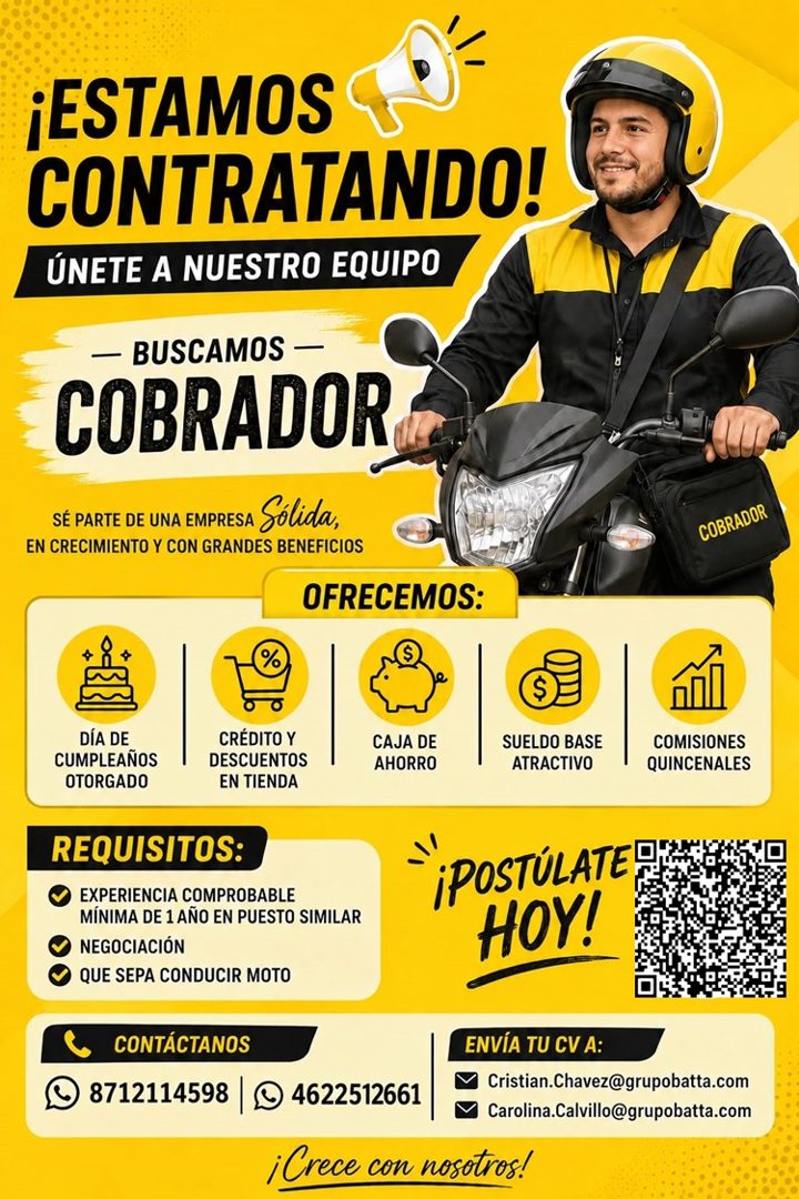 Banner del anuncio de la vacante: ¡ESTAMOS · CONTRATANDO! · ÚNETE A NUESTRO EQUIPO · — BUSCAMOS - · COBRADOR · SÉ PARTE DE UNA EMPRESA Sólida, · EN CRECIMIENTO Y CON GRANDES 