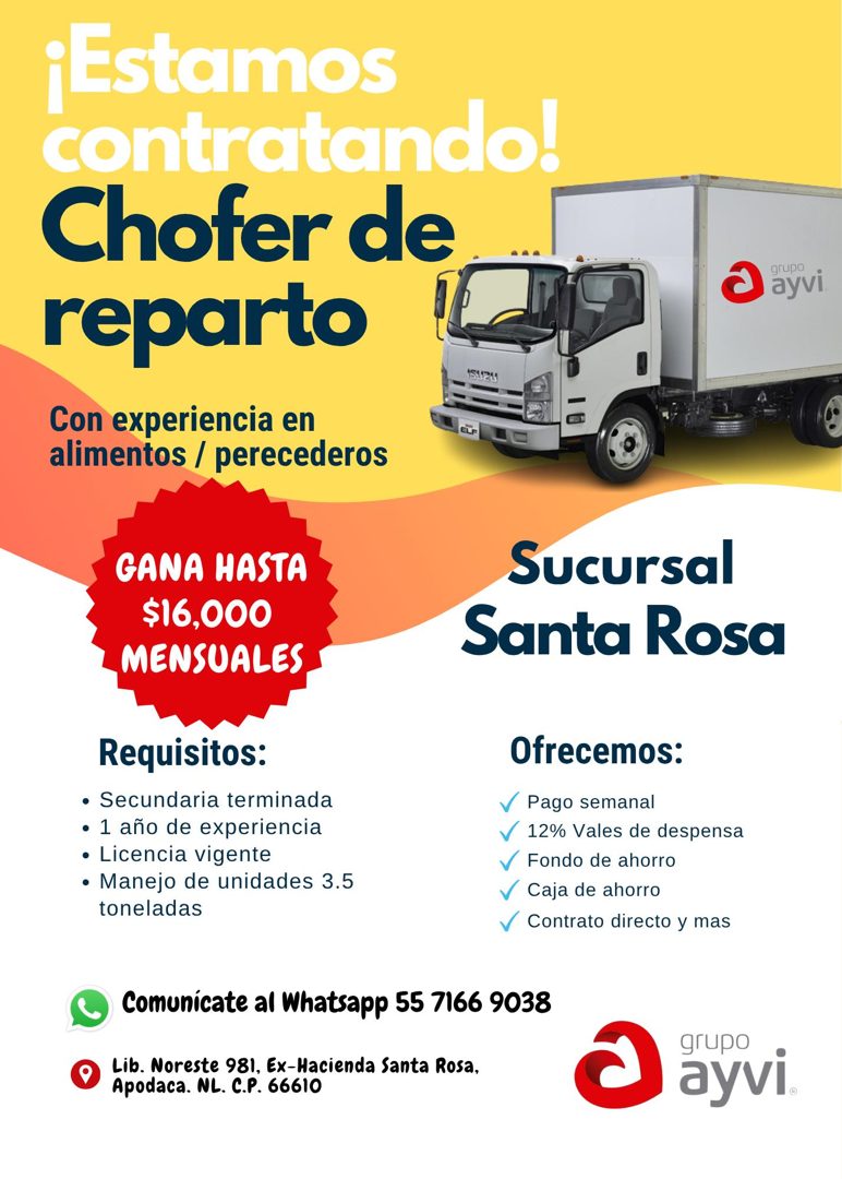 Banner del anuncio de la vacante: ¡Estamos · contratando! · Chofer de · reparto · 15U24 · Con experiencia en · alimentos / perecederos · grupo · ayvi · GANA HASTA · $16,000 ·