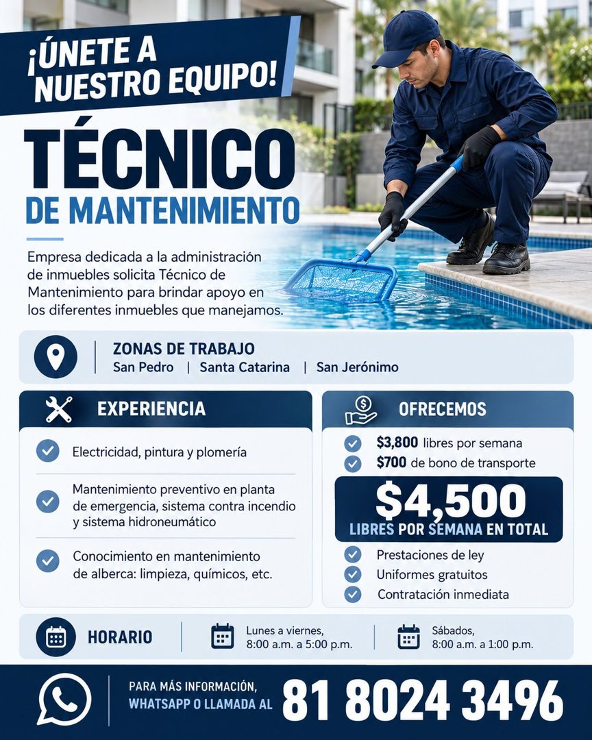 Banner del anuncio de la vacante: ¡ÚNETE A · NUESTRO EQUIPO! · TÉCNICO · DE MANTENIMIENTO · Empresa dedicada a la administración · de inmuebles solicita Técnico de · Mantenim