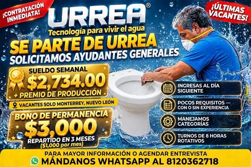 Banner del anuncio de la vacante: ¡CONTRATACIÓN · INMEDIATA! · URRER® · ¡ÚLTIMAS · VACANTES! · Tecnología para vivir el agua · SE PARTE DE URREA · • SOLICITAMOS AYUDANTES GEN