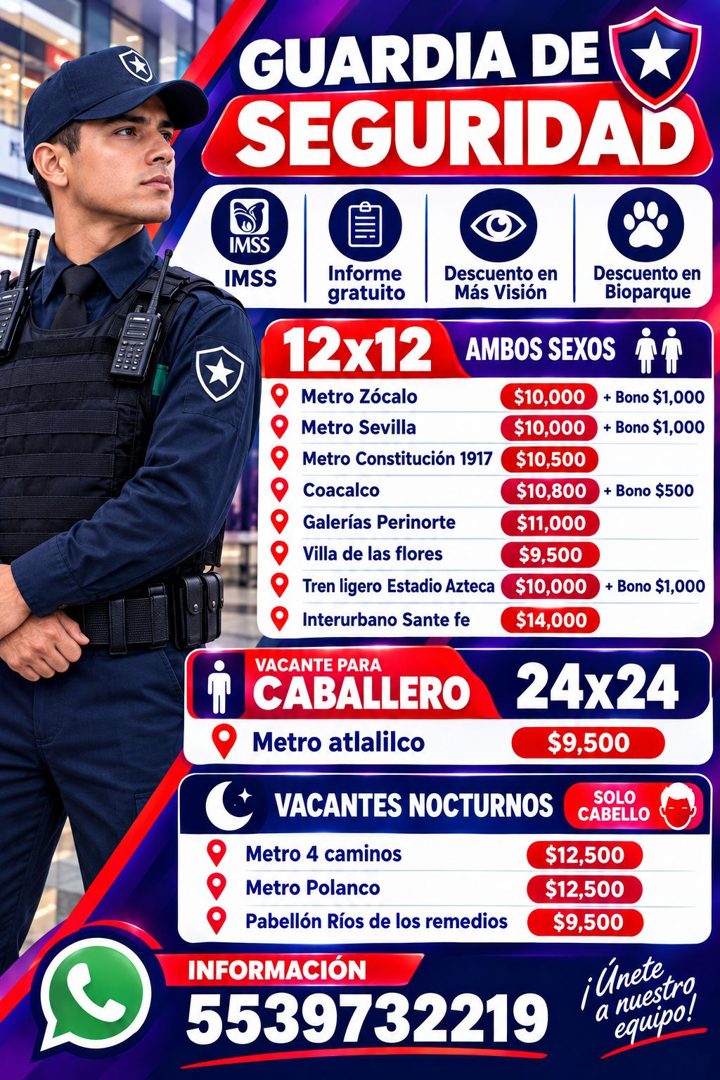 Banner del anuncio de la vacante: GUARDIA DE · SEGURIDAD · IMSS · IMSS · Informe · gratuito · 12x12 · Metro Zócalo · Metro Sevilla · Metro Constitución 1917 · Coacalco · Gale