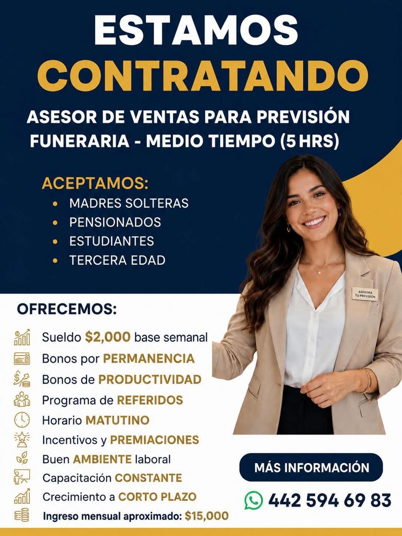 Banner del anuncio de la vacante: ESTAMOS · CONTRATANDO · ASESOR DE VENTAS PARA PREVISIÓN · FUNERARIA - MEDIO TIEMPO (5 HRS) · ACEPTAMOS: · • MADRES SOLTERAS · • · PENSIONADO