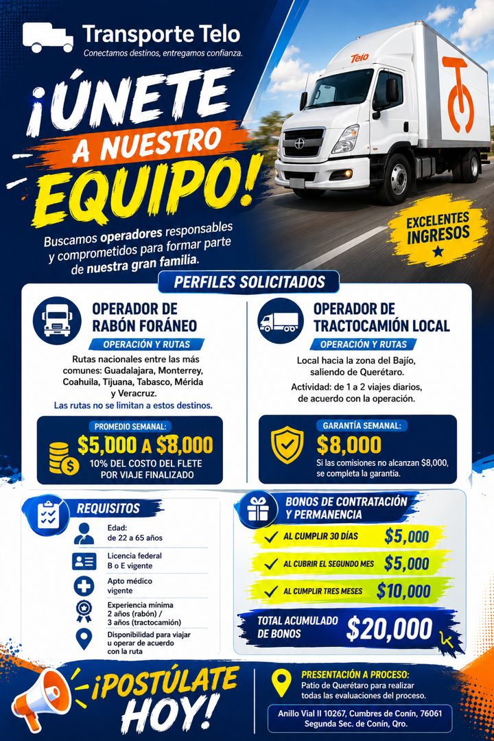Banner del anuncio de la vacante: Transporte Telo · Conectamos destinos, entregamos confianza. · ¡ÚNETE · A NUESTRO · EQUIPO! · Buscamos operadores responsables · y compromet