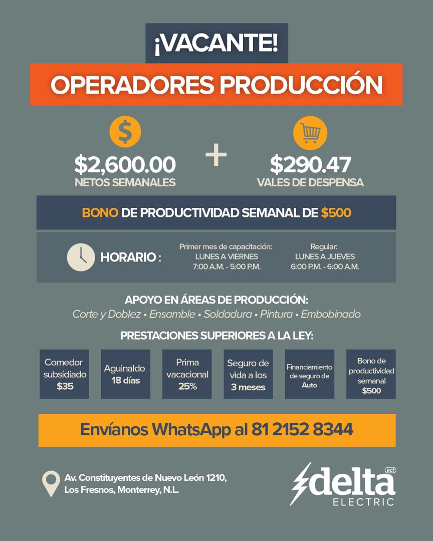 Banner del anuncio de la vacante: ¡VACANTE! · OPERADORES PRODUCCIÓN · $ · $2,600.00 · NETOS SEMANALES · + · $290.47 · VALES DE DESPENSA · BONO DE PRODUCTIVIDAD SEMANAL DE $50