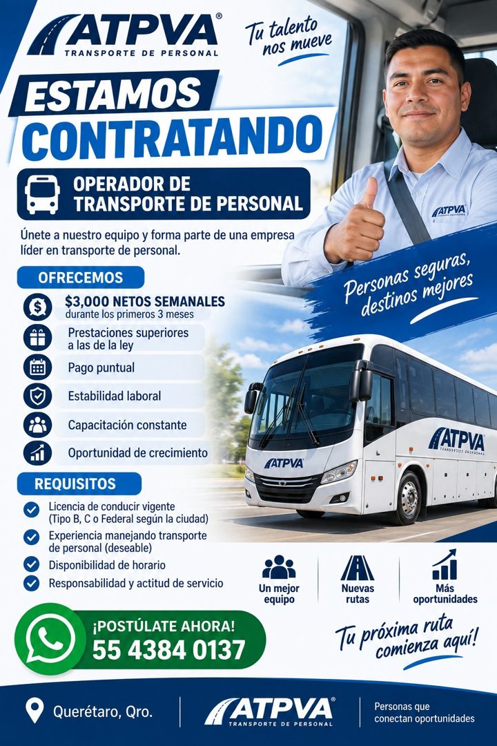 Banner del anuncio de la vacante: MATPVA® · TRANSPORTE DE PERSONAL · Tu talento · nos mueve · ESTAMOS · CONTRATANDO · OPERADOR DE · TRANSPORTE DE PERSONAL · Únete a nuestro e
