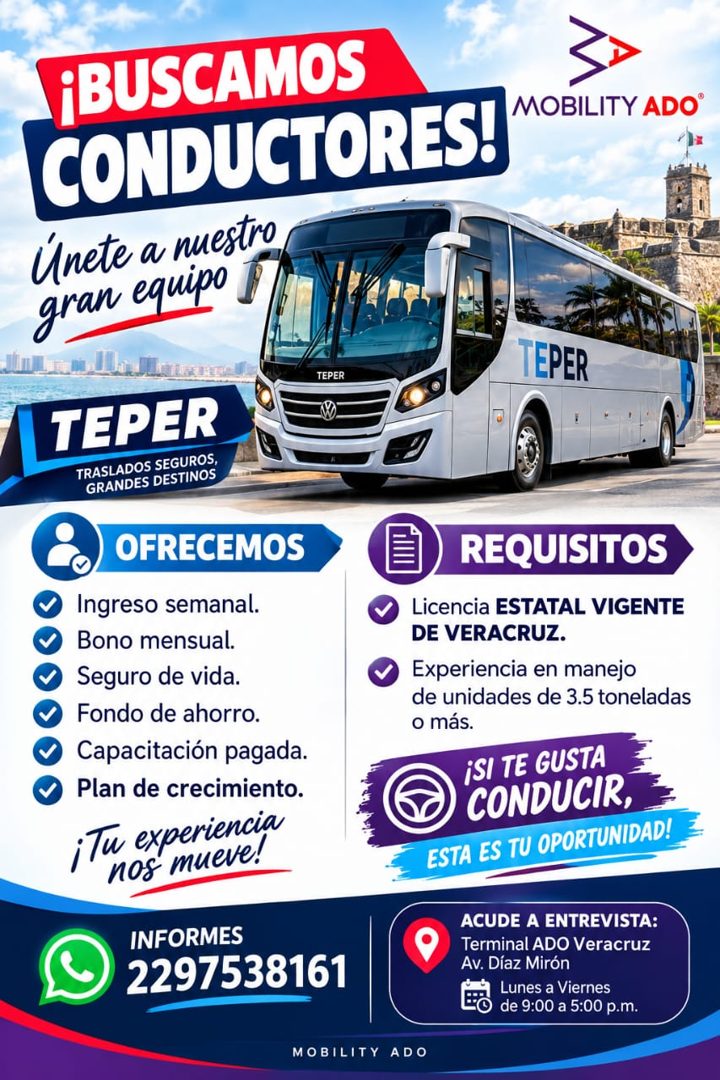 Banner del anuncio de la vacante: ¡BUSCAMOS · CONDUCTORES! · MOBILITY ADO® · Únete a nuestro · gran equipo · TEPER · TEPER · TEPER · TRASLADOS SEGUROS, · GRANDES DESTINOS · O