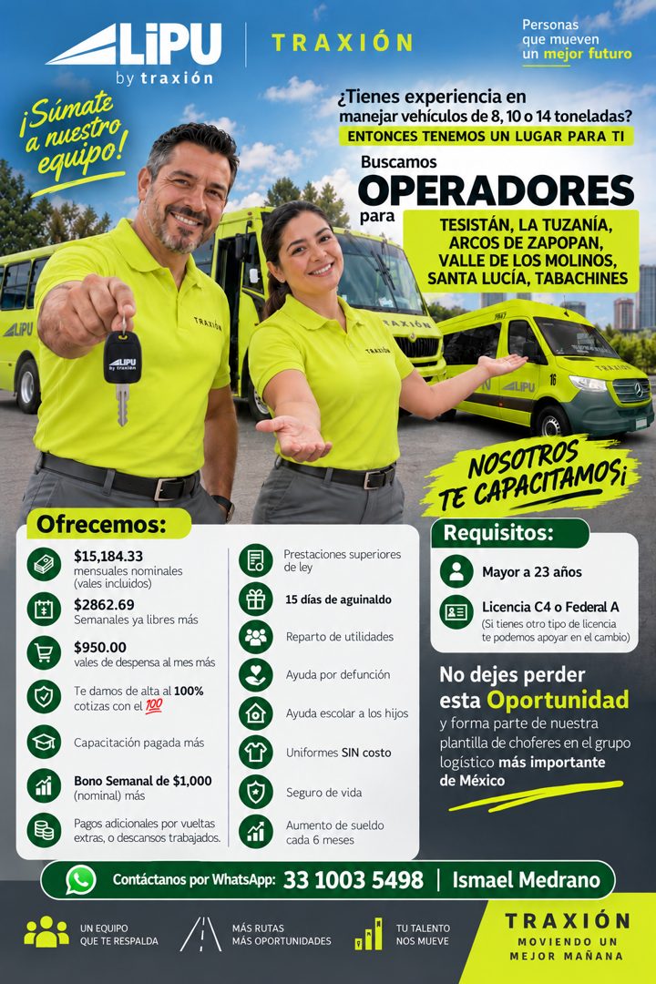 Banner del anuncio de la vacante: —LIPU · by traxión · ¡Súmate · a nuestro · equipo! · ALiPU · TRAXIÓN · Dy tranion · TRAXIÓN · Personas · que mueven · un mejor futuro · ¿lie
