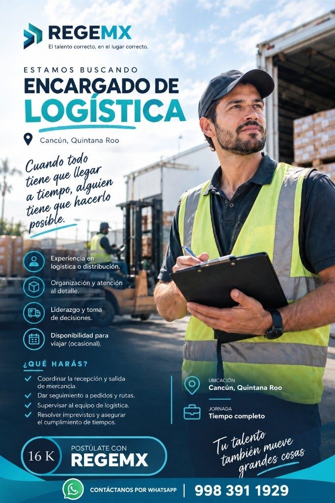 Banner del anuncio de la vacante: REGEMX · El talento correcto, en el lugar correcto. · ESTAMOS BUSCANDO · ENCARGADO DE · LOGISTICA · Cancún, Quintana Roo · Cuando todo · tie