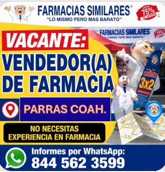 Banner del anuncio de la vacante: FARMACIAS SIMILARES* · 15% · "LO MISMO PERO MAS BARATO" · • FARMACIAS SIMILARES · MISIO PERO MAS BAATO · VACANTE: · VENDEDOR(A) · DE FARMACI