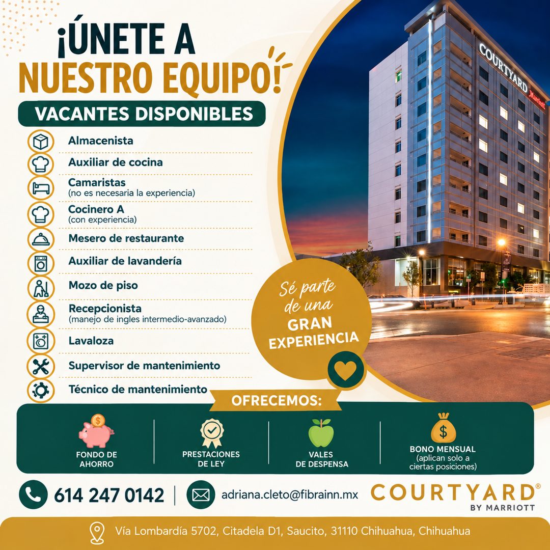 Banner del anuncio de la vacante: ¡ÚNETE A · NUESTRO EQUIPO! · VACANTES DISPONIBLES · Almacenista · Auxiliar de cocina · Camaristas · (no es necesaria la experiencia) · Cocin