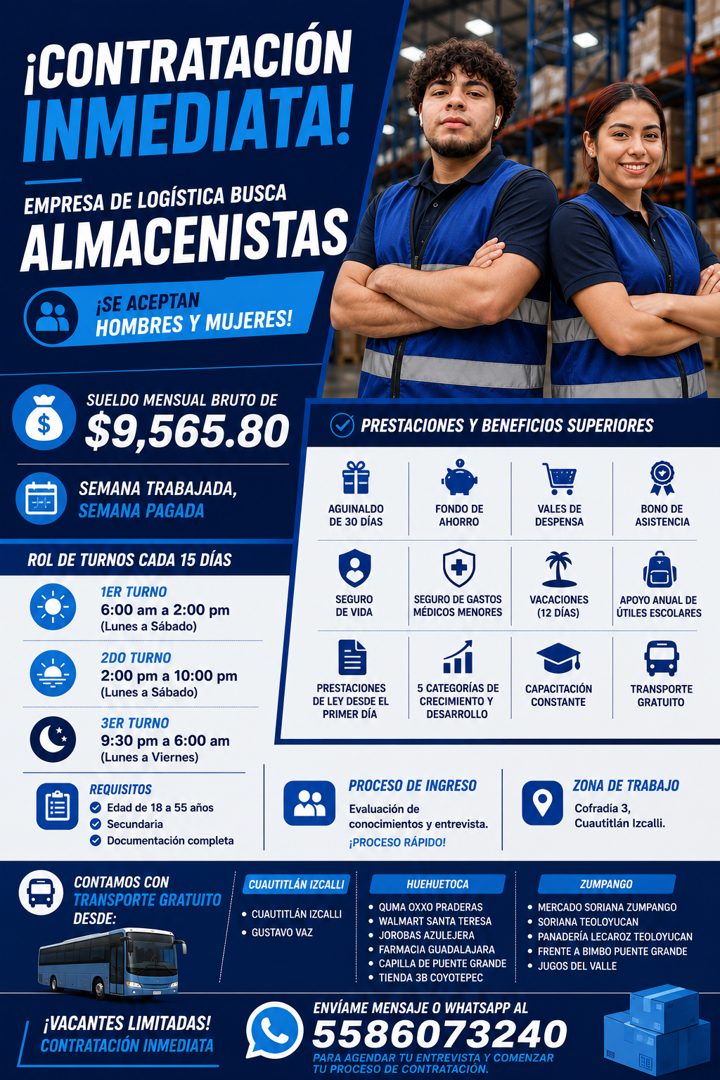 Banner del anuncio de la vacante: ¡CONTRATACIÓN · INMEDIATA! · EMPRESA DE LOGÍSTICA BUSCA · ALMACENISTAS · ¡SE ACEPTAN · HOMBRES Y MUJERES! · SUELDO MENSUAL BRUTO DE · $9,565