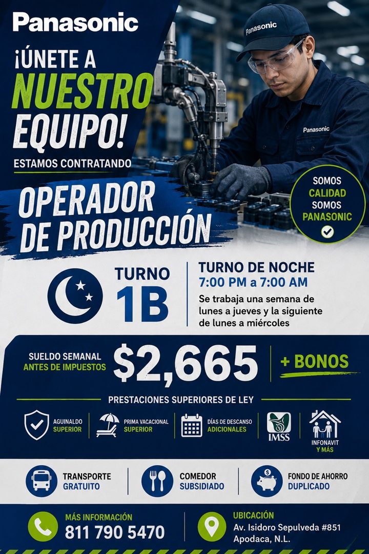 Banner del anuncio de la vacante: Panasonic · panasonic · ¡ÚNETE A · NUESTRO · EQUIPO! · ESTAMOS CONTRATANDO · Panasonic · OPERADOR · DE PRODUCCIÓN · SOMOS · CALIDAD · SOMOS 