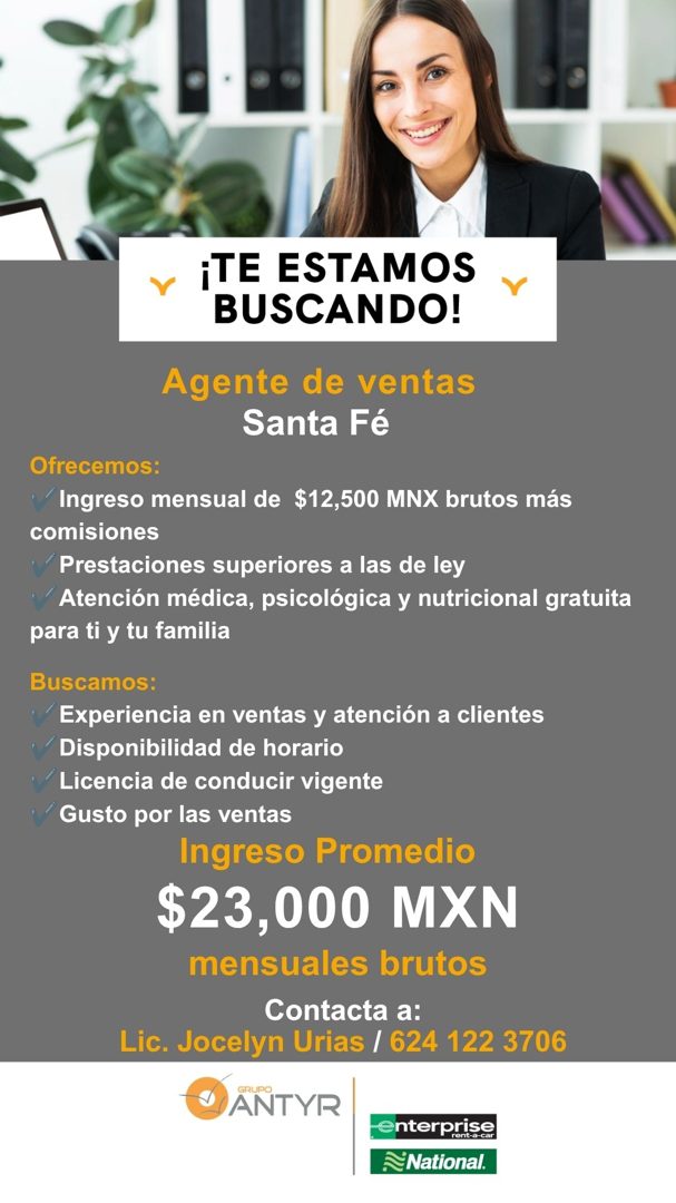 Banner del anuncio de la vacante: ¡TE ESTAMOS · BUSCANDO! · Agente de ventas · Santa Fé · Ofrecemos: · Ingreso mensual de $12,500 MNX brutos más · comisiones · Prestaciones s