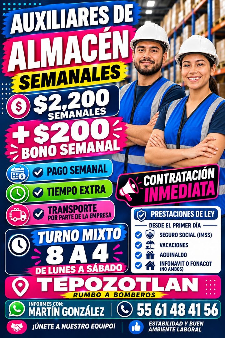 Banner del anuncio de la vacante: AUXILIARES DE · ALMACEN · SEMANALES · )$2.200 · SEMANALES · +$200 · BONO SEMANAL · PAGO SEMANAL · CONTRATACIÓN · TIEMPO EXTRA · INMEDIATA · 