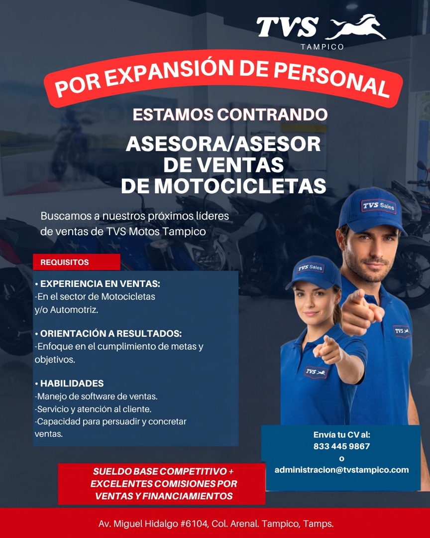 Banner del anuncio de la vacante: TVS · TAMPICO · POR EXPANSIÓN DE PERSONAL · ESTAMOS CONTRANDO · ASESORA/ASESOR · DE VENTAS · DE MOTOCICLETAS · Buscamos a nuestros próximos 