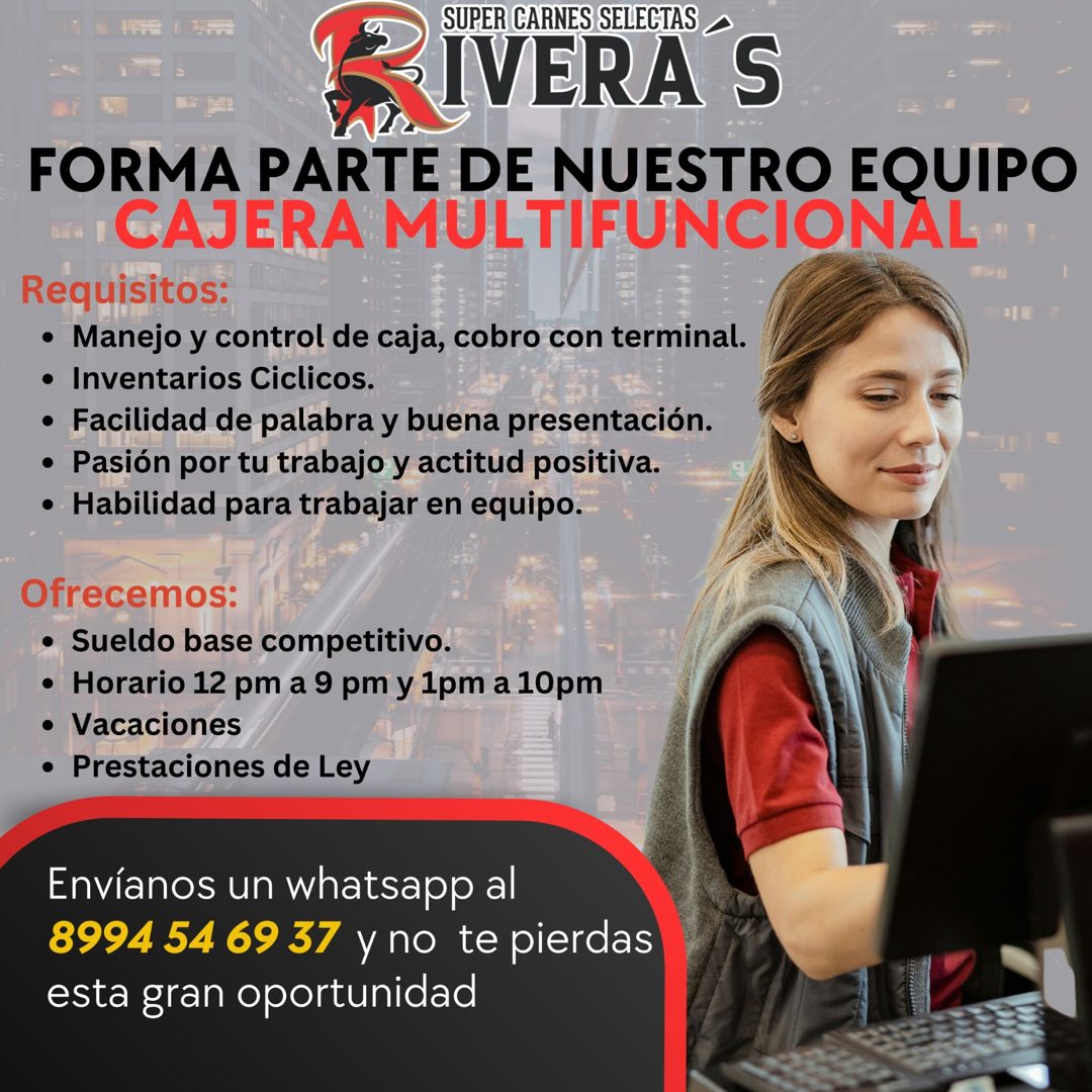 Banner del anuncio de la vacante: SUPER CARNES SELECTAS · IVERA'S · FORMA PARTE DE NUESTRO EQUIPO · CAJERA MULTIFUNCIONAL · Requisitos: · • Manejo y control de caja, cobro co