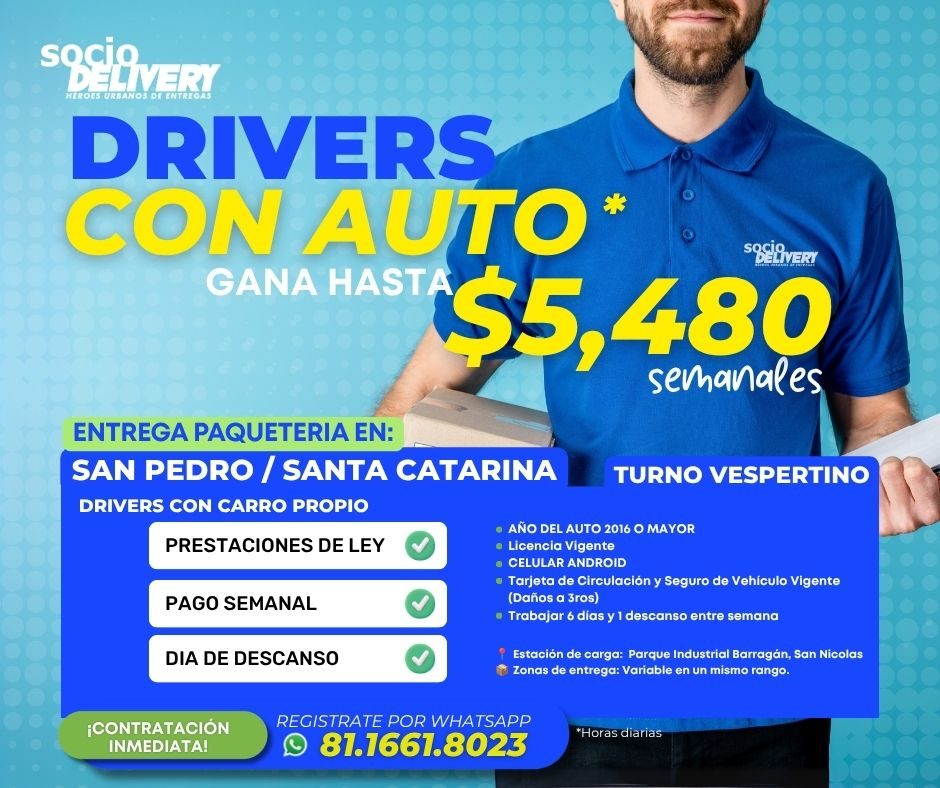 Banner del anuncio de la vacante: SOSilvERY · HEROES URBANOS DE ENTREGAS · DRIVERS · CON AUTO* · SOSLiVERT · GANA HASTA · $5,4.80 · semanales · ENTREGA PAQUETERIA EN: · SAN P