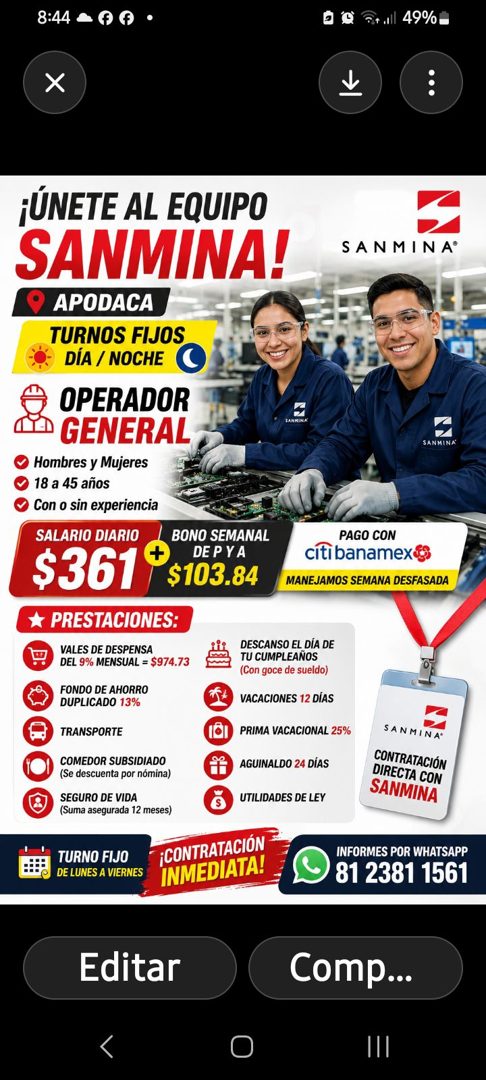 Banner del anuncio de la vacante: 8:44 · + • · @t all 49% · ¡ÚNETE AL EQUIPO · SANMINA! · APODACA · TURNOS FIJOS · DÍA / NOCHE · OPERADOR · GENERAL · Hombres y Mujeres · 18 a
