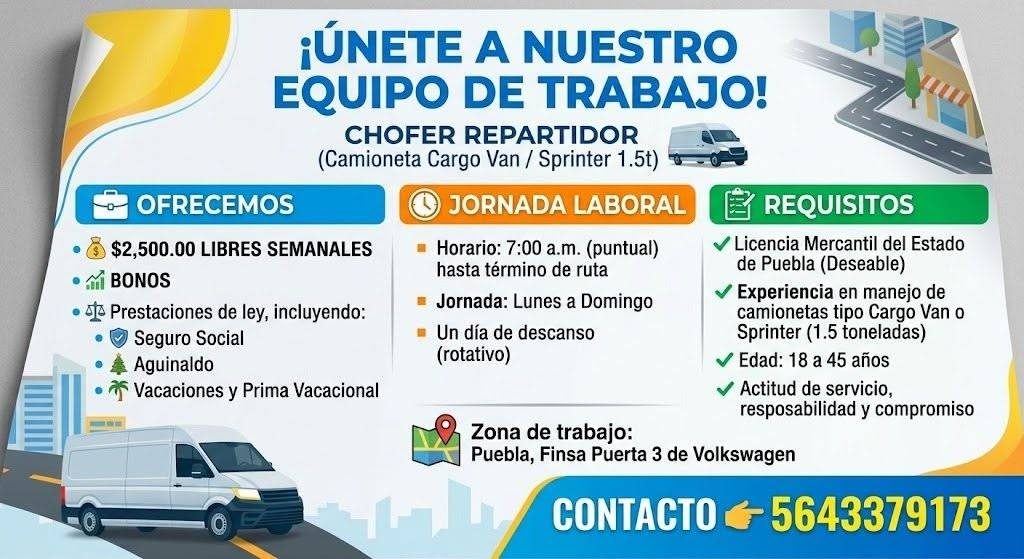 Banner del anuncio de la vacante: OFRECEMOS · • · $2,500.00 LIBRES SEMANALES · • Mi BONOS · • 5a Prestaciones de ley, incluyendo: · Seguro Social · Aguinaldo · Vacaciones y P