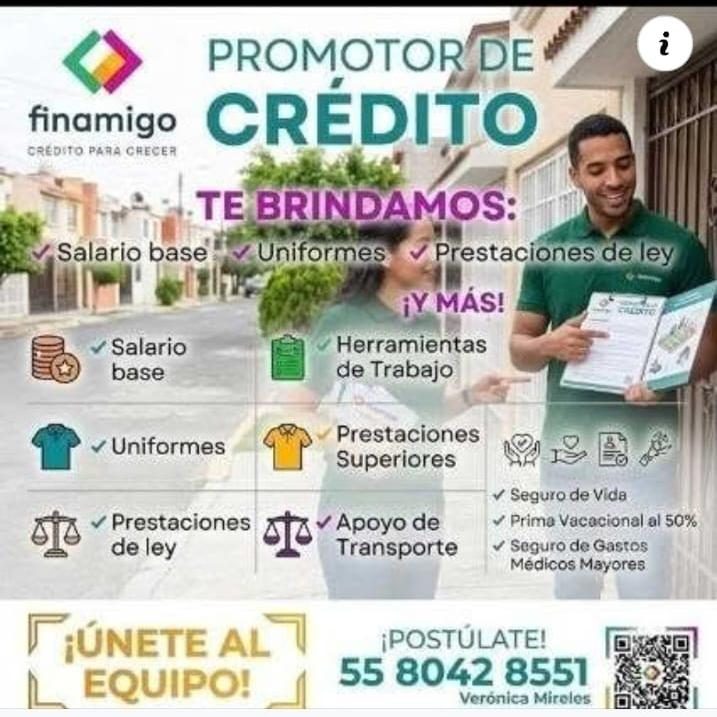 Banner del anuncio de la vacante: finamigo · CREDITO PARA CRECER · / Salario base · / Salario · base · Uniformes · / Prestaciones · de ley · PROMOTOR DE · CRÉDITO · TE BRINDA