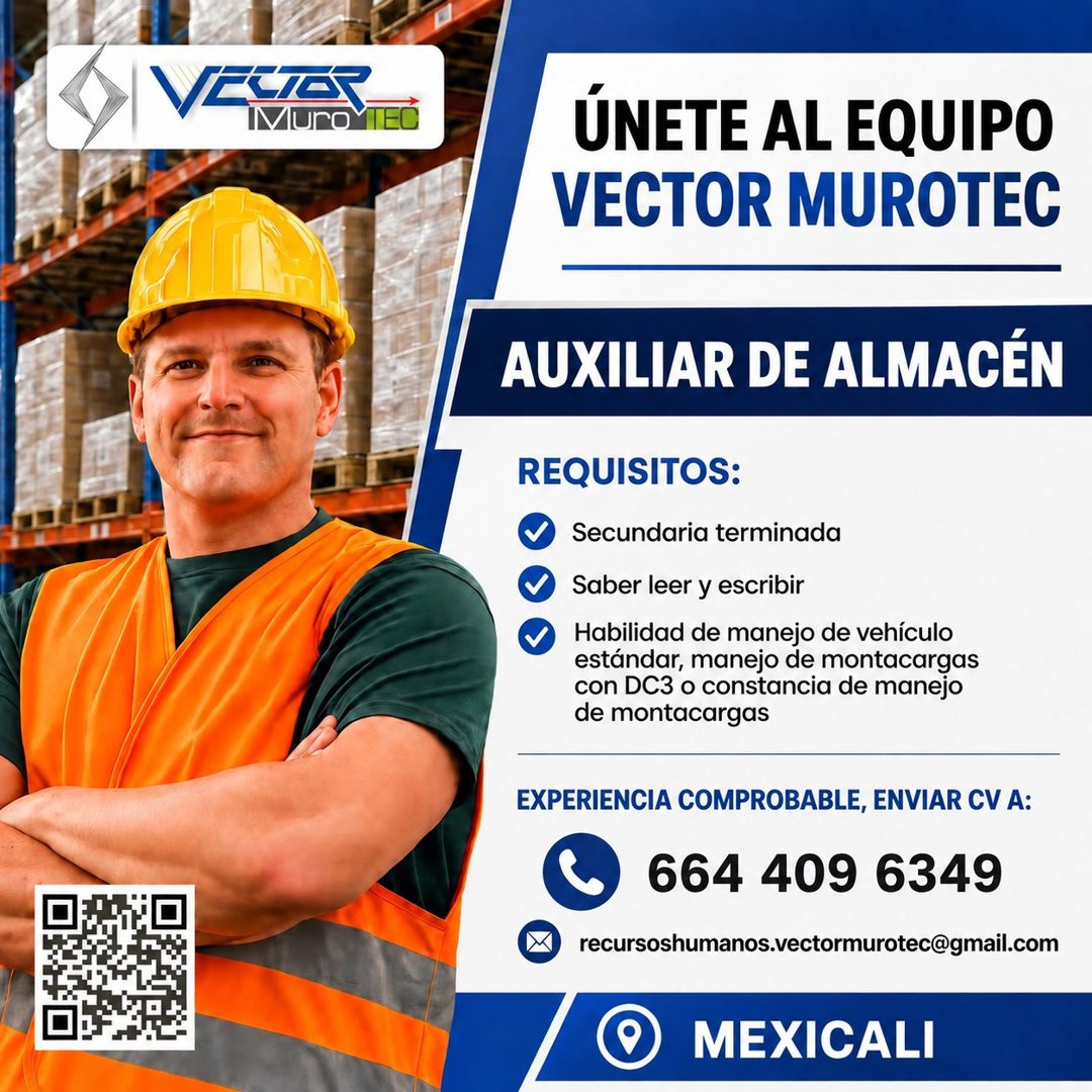 Banner del anuncio de la vacante: Juro · TEC · ÚNETE AL EQUIPO · VECTOR MUROTEC · AUXILIAR DE ALMACÉN · REQUISITOS: · Secundaria terminada · Saber leer y escribir · Habilidad