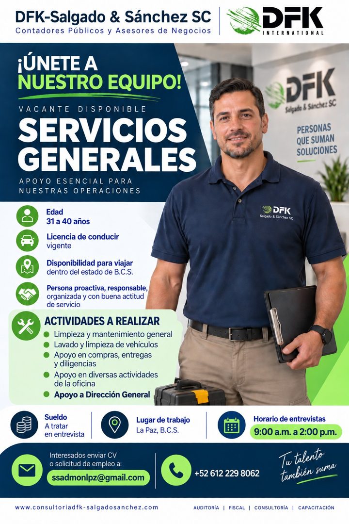 Banner del anuncio de la vacante: DFK-Salgado & Sánchez SC · Contadores Públicos y Asesores de Negocios · ¡ÚNETE A · NUESTRO EQUIPO! · VACANTE DISPONIBLE · SERVICIOS · GENERA