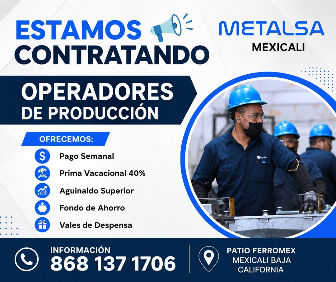 Banner del anuncio de la vacante: ESTAMOS + 0= · CONTRATANDO · OPERADORES · DE PRODUCCIÓN · OFRECEMOS: · $ · Pago Semanal · Prima Vacacional 40% · Aguinaldo Superior · Fondo 