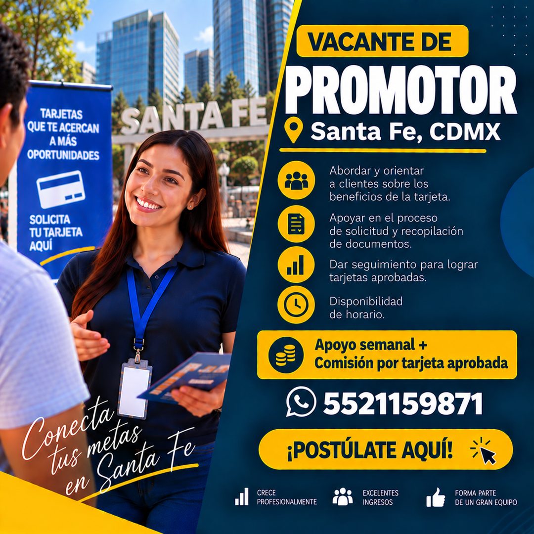 Banner del anuncio de la vacante: TARJETAS · QUE TE ACERCAN · A MÁS · OPORTUNIDADES · SANTA FE · SOLICITA · TU TARJETA · AQUÍ · Conecta · tus metas · en · Canta Fo · VACANTE 