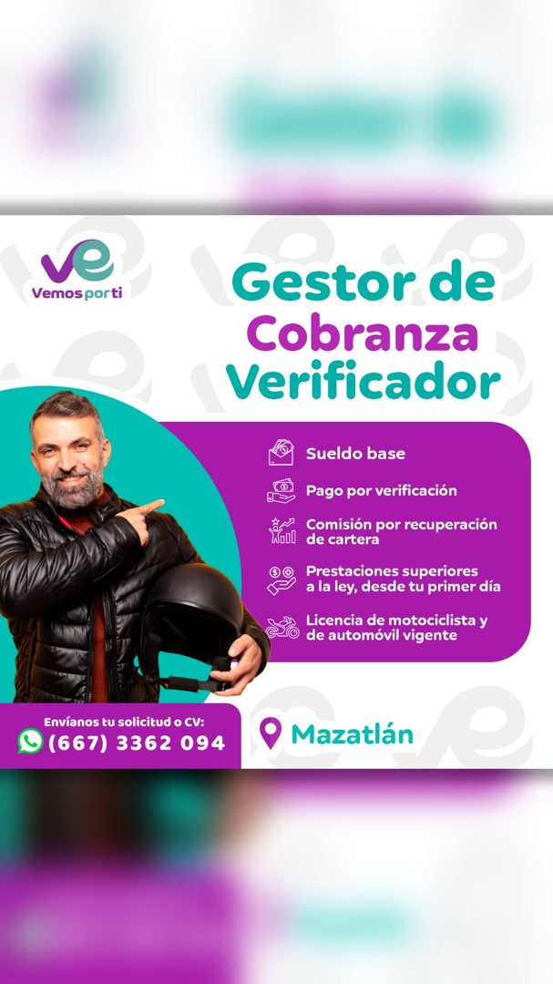 Banner del anuncio de la vacante: ve · Vemos porti · Gestor de · Cobranza · Verificador · KN · NODI · Sueldo base · Pago por verificación · Comisión por recuperación · de car
