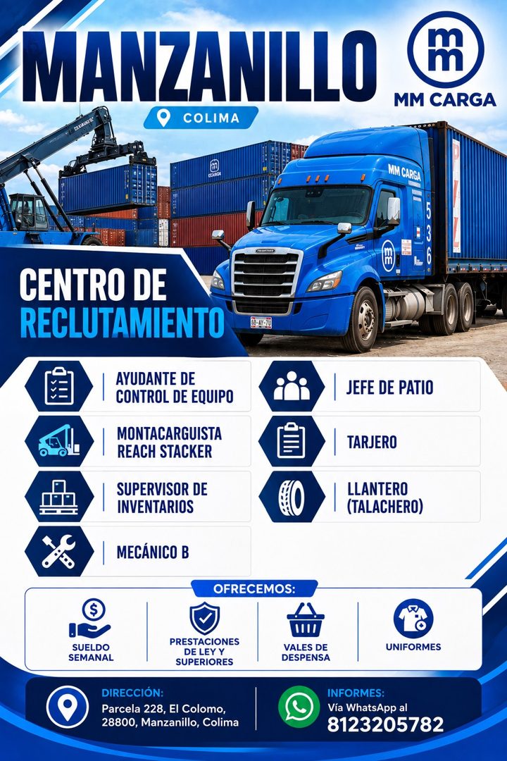 Banner del anuncio de la vacante: MANZANILLO · COLIMA · MM CARGA · MIM CARGA · (m) · CENTRO DE · RECLUTAMIENTO · AYUDANTE DE · CONTROL DE EQUIPO · MONTACARGUISTA · REACH STAC