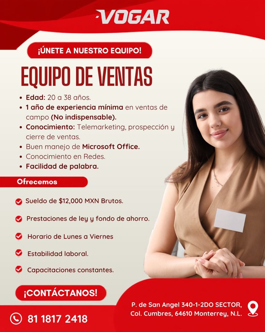 Banner del anuncio de la vacante: •VOGAR · ¡ÚNETE A NUESTRO EQUIPO! · EQUIPO DE VENTAS · • Edad: 20 a 38 años. · • 1 año de experiencia mínima en ventas de · campo (No indisp