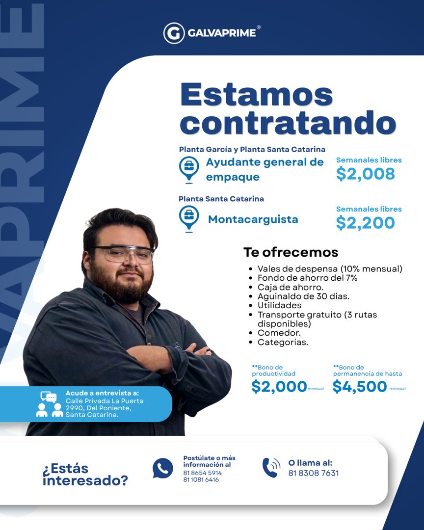 Banner del anuncio de la vacante: APRIME · "CANADAME" · Estamos · contratando · Planta García y Planta Santa Catarina · © empaque · Ayudante general de · Semanales libres · $