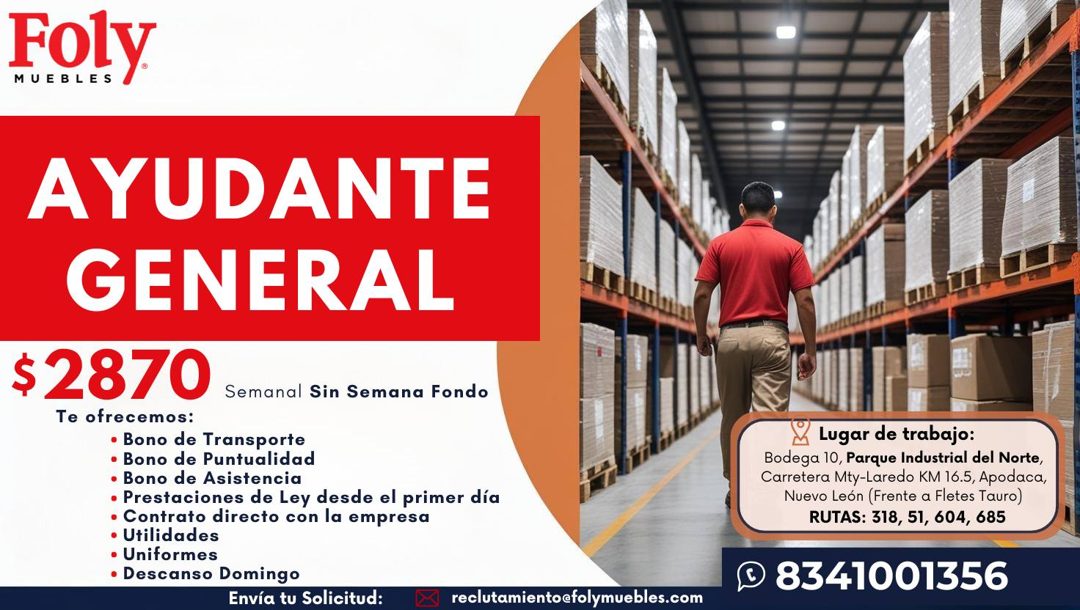 Banner del anuncio de la vacante: Foly · MUEBLES · AYUDANTE · GENERAL · $ 2870 · Semanal Sin Semana Fondo · Te ofrecemos: · • Bono de Transporte · • Bono de Puntualidad · • B