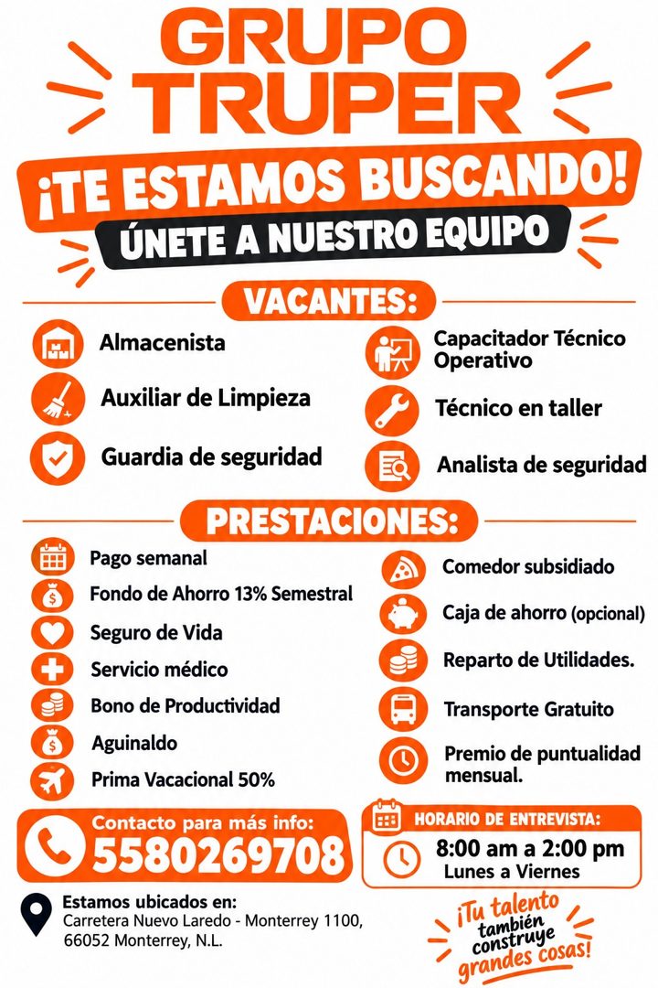 Banner del anuncio de la vacante: GRUPO · TRUPER · ¡TE ESTAMOS BUSCANDO! · ÚNETE A NUESTRO EQUIPO · VACANTES: · + · Almacenista · Capacitador Técnico · Operativo · Auxiliar d