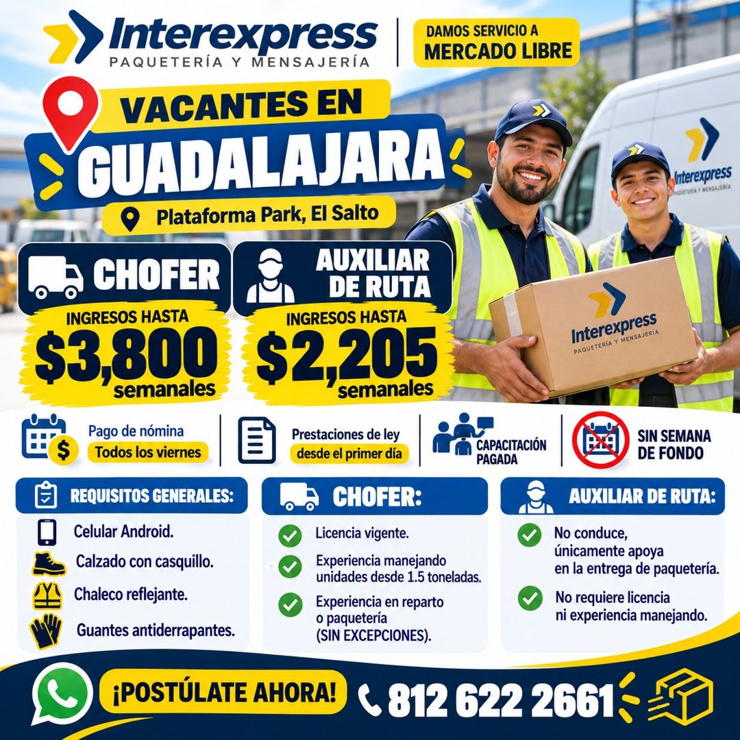 Banner del anuncio de la vacante: Interexpress · PAQUETERÍA Y MENSAJERÍA · DAMOS SERVICIO A · MERCADO LIBRE · VACANTES EN · GUADALAJARA: · Plataforma Park, El Salto · Interex