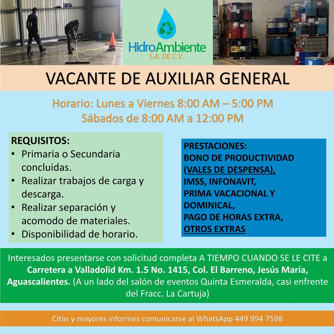 Banner del anuncio de la vacante: HidroAmbiente · S.A. DE C.V. · VACANTE DE AUXILIAR GENERAL · Horario: Lunes a Viernes 8:00 AM - 5:00 PM · Sábados de 8:00 AM a 12:00 PM · RE